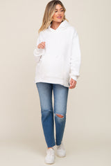 White Raw Edge Trim Maternity Drawstring Hoodie