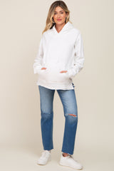 White Raw Edge Trim Maternity Drawstring Hoodie