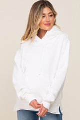 White Raw Edge Trim Maternity Drawstring Hoodie