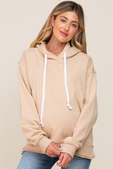 Taupe Raw Edge Trim Maternity Drawstring Hoodie