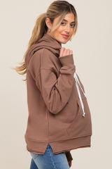 Mocha Raw Edge Trim Maternity Drawstring Hoodie