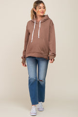 Mocha Raw Edge Trim Maternity Drawstring Hoodie