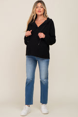 Black V-Neck Drawstring Hooded Maternity Top