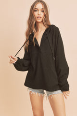 Black V-Neck Drawstring Hooded Top