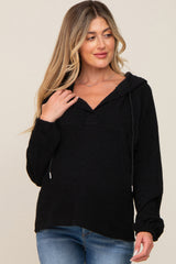 Black V-Neck Drawstring Hooded Maternity Top