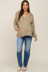 Olive V-Neck Drawstring Hooded Maternity Top