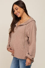 Mocha V-Neck Drawstring Hooded Maternity Top