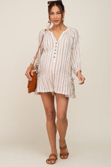 Ivory Striped Front Button Maternity Romper