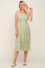 Light Olive Floral Smocked Tiered Midi Dress