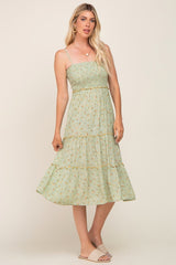 Light Olive Floral Smocked Tiered Midi Dress