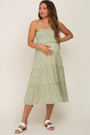 Light Olive Floral Smocked Tiered Maternity Midi Dress