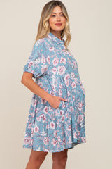 Blue Floral Button Up Collared Tiered Maternity Dress