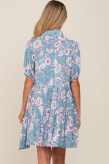 Blue Floral Button Up Collared Tiered Maternity Dress