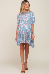 Blue Floral Button Up Collared Tiered Maternity Dress