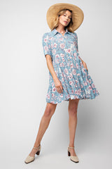 Blue Floral Button Up Collared Tiered Maternity Dress