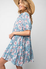 Blue Floral Button Up Collared Tiered Dress