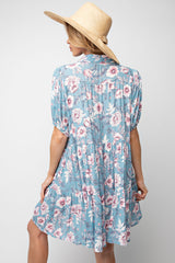 Blue Floral Button Up Collared Tiered Dress