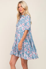 Blue Floral Button Up Collared Tiered Dress