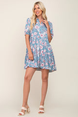 Blue Floral Button Up Collared Tiered Dress