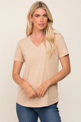 Beige V-Neck Short Sleeve Maternity Tee