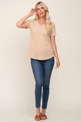 Beige V-Neck Short Sleeve Tee