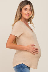 Beige V-Neck Short Sleeve Maternity Tee