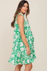 Green Floral Pleated Mock Neck Maternity Dress