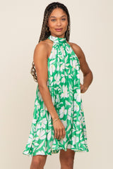 Green Floral Pleated Mock Neck Maternity Dress