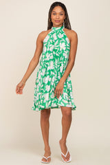 Green Floral Pleated Mock Neck Dress