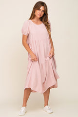 Mauve Linen Short Sleeve Tiered Back Tie Midi Dress