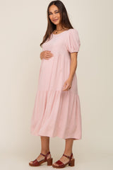 Mauve Linen Short Sleeve Tiered Back Tie Maternity Midi Dress