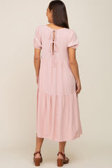 Mauve Linen Short Sleeve Tiered Back Tie Maternity Midi Dress