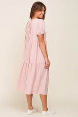 Mauve Linen Short Sleeve Tiered Back Tie Midi Dress