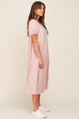 Mauve Linen Short Sleeve Tiered Back Tie Midi Dress