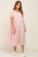 Mauve Linen Short Sleeve Tiered Back Tie Maternity Midi Dress