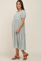 Light Olive Linen Short Sleeve Tiered Back Tie Maternity Midi Dress