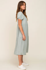 Light Olive Linen Short Sleeve Tiered Back Tie Midi Dress