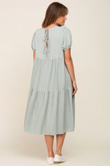 Light Olive Linen Short Sleeve Tiered Back Tie Midi Dress