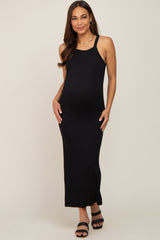 Black Ribbed Fitted Side Slit Maternity Midi Dress