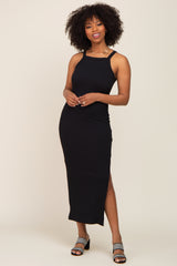 Black Ribbed Fitted Side Slit Maternity Midi Dress