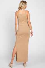 Camel Ribbed Fitted Side Slit Midi Dress