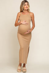 Camel Ribbed Fitted Side Slit Maternity Midi Dress