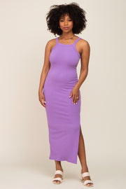 Lavender Ribbed Fitted Side Slit Midi Dress