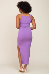 Lavender Ribbed Fitted Side Slit Midi Dress