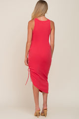 Coral Ribbed Halter Ruched Drawstring Side Maternity Midi Dress