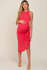 Coral Ribbed Halter Ruched Drawstring Side Maternity Midi Dress