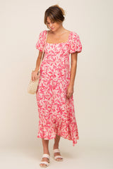 Fuchsia Floral Puff Sleeve Maternity Midi Dress