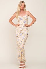 Yellow Floral Mesh V-Neck Maternity Maxi Dress