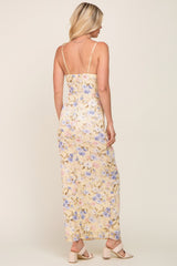 Yellow Floral Mesh V-Neck Maxi Dress