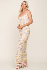 Yellow Floral Mesh V-Neck Maxi Dress